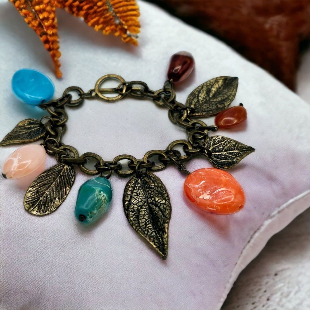 Autumn Charm Bracelet Vintage Fall Leaves Dangle Pebble Gems Dangle Statement